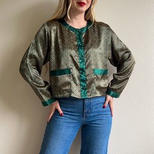 Vintage 1990s Emerald Green Print Buttoned Blouse (S/M)
